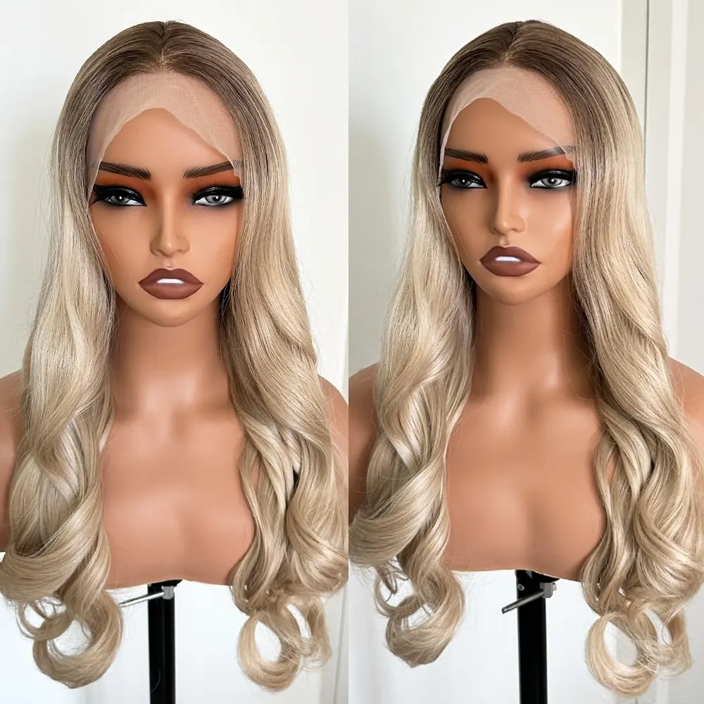 Synthetic Lace Front Wig Glueless Pre Plucked Bleached Knots - 24" Wavy Ombre Blonde Rooted Hair | Natural Looking Human Hairlike | Pre Cut, Lightweight & Breathable Cap for Women
