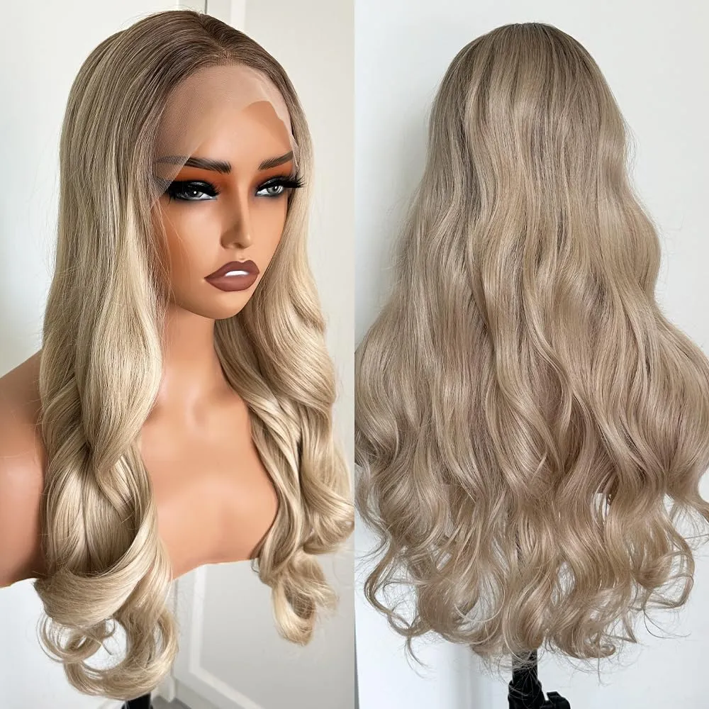 Synthetic Lace Front Wig Glueless Pre Plucked Bleached Knots - 24" Wavy Ombre Blonde Rooted Hair | Natural Looking Human Hairlike | Pre Cut, Lightweight & Breathable Cap for Women