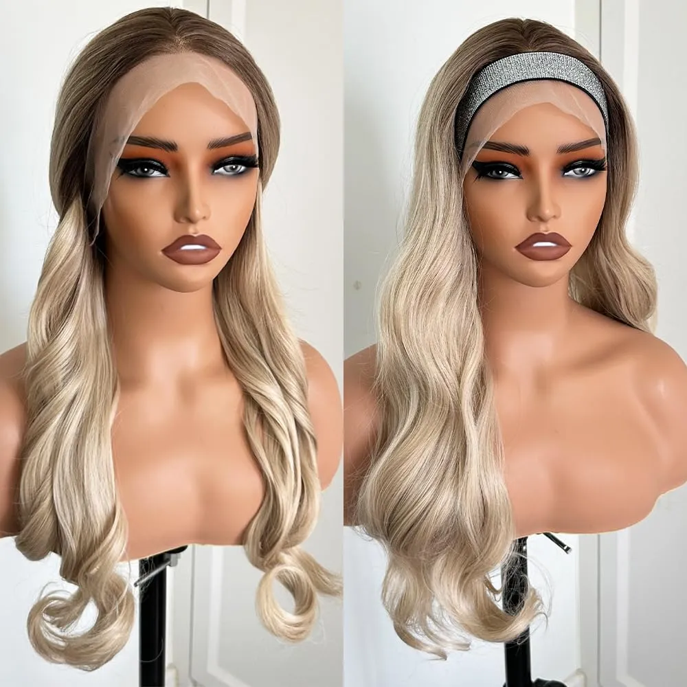 Synthetic Lace Front Wig Glueless Pre Plucked Bleached Knots - 24" Wavy Ombre Blonde Rooted Hair | Natural Looking Human Hairlike | Pre Cut, Lightweight & Breathable Cap for Women