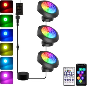 T-SUN Colored Pond Lights with Smart Bluetooth Control – Bright LED Underwater Submersible Fountain Lights, IP68 Waterproof Landscape Spotlight for Garden Koi Pond Aquarium Fish Tank (3-Head)