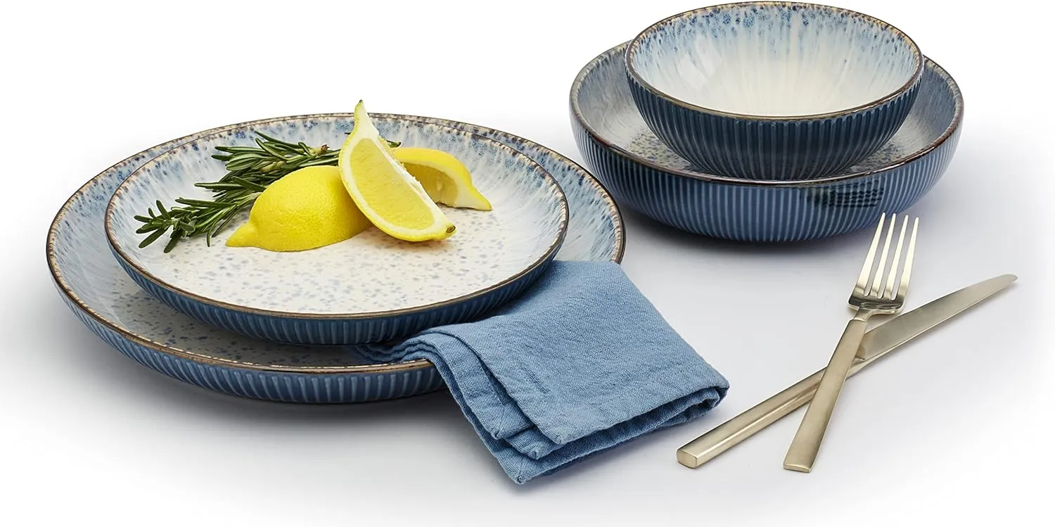 Tabletops Gallery Speckled Farmhouse Collection- Stoneware Dishes Service for 4 Dinner Salad Appetizer Dessert Plate Bowls, 16 Piece Jura Embossed Dinnerware Set in Smoky Blue