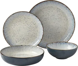 Tabletops Gallery Speckled Farmhouse Collection- Stoneware Dishes Service for 4 Dinner Salad Appetizer Dessert Plate Bowls, 16 Piece Jura Embossed Dinnerware Set in Smoky Blue