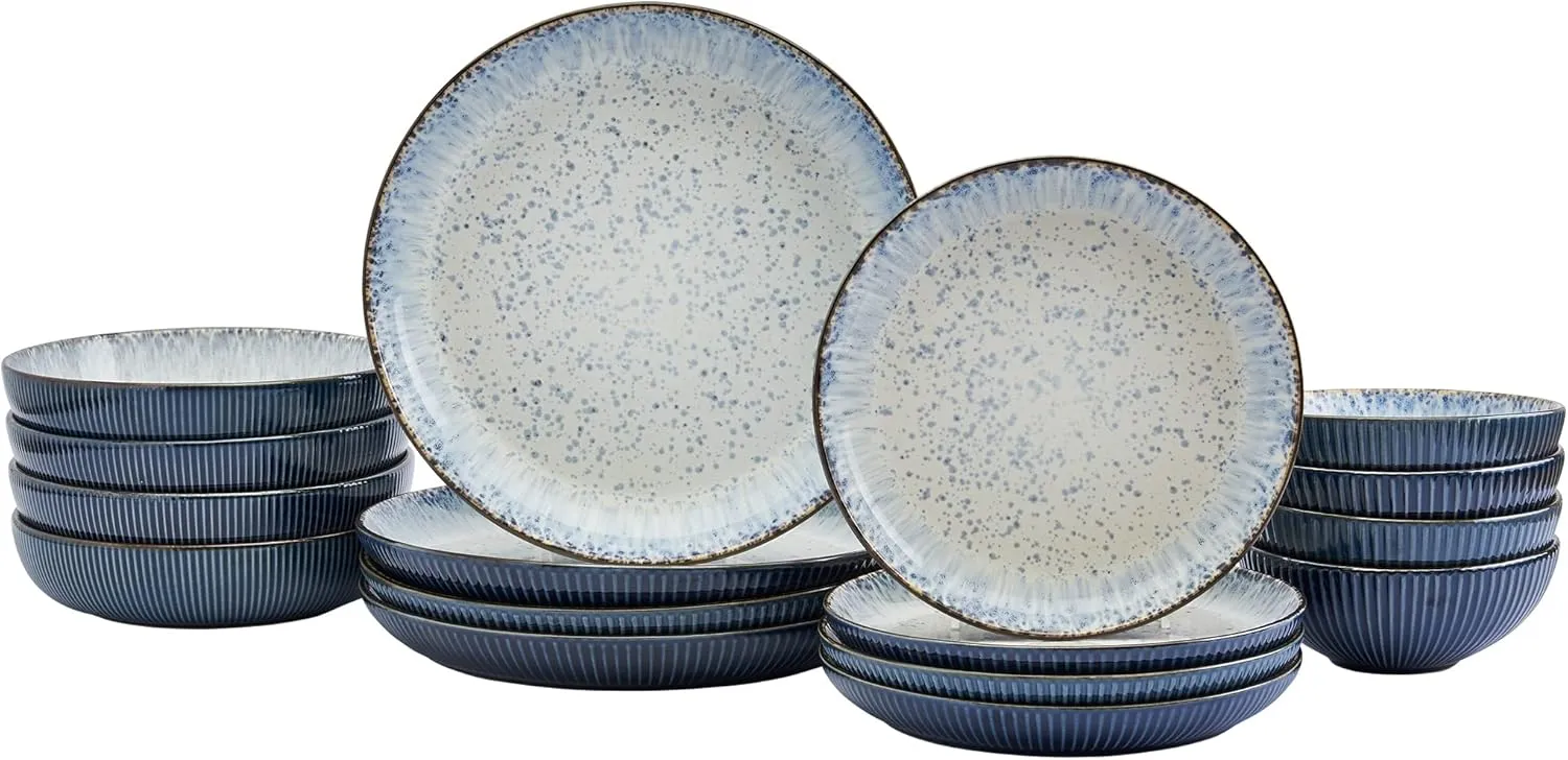 Tabletops Gallery Speckled Farmhouse Collection- Stoneware Dishes Service for 4 Dinner Salad Appetizer Dessert Plate Bowls, 16 Piece Jura Embossed Dinnerware Set in Smoky Blue