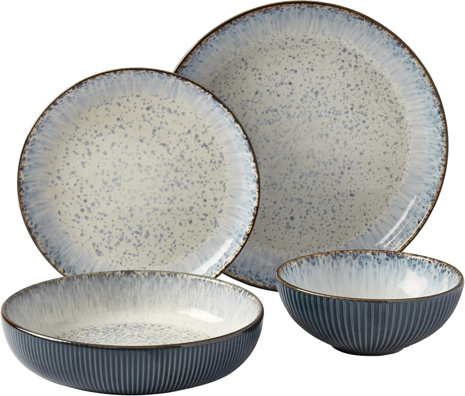 Tabletops Gallery Speckled Farmhouse Collection- Stoneware Dishes Service for 4 Dinner Salad Appetizer Dessert Plate Bowls, 16 Piece Jura Embossed Dinnerware Set in Smoky Blue