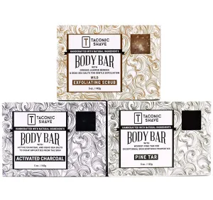 Taconic Shave's All Natural Face and Body Soap Variety Pack - 3 Bars - One Bar Each of Pine Tar, Exfoliating and Charcoal - Handmade in the USA