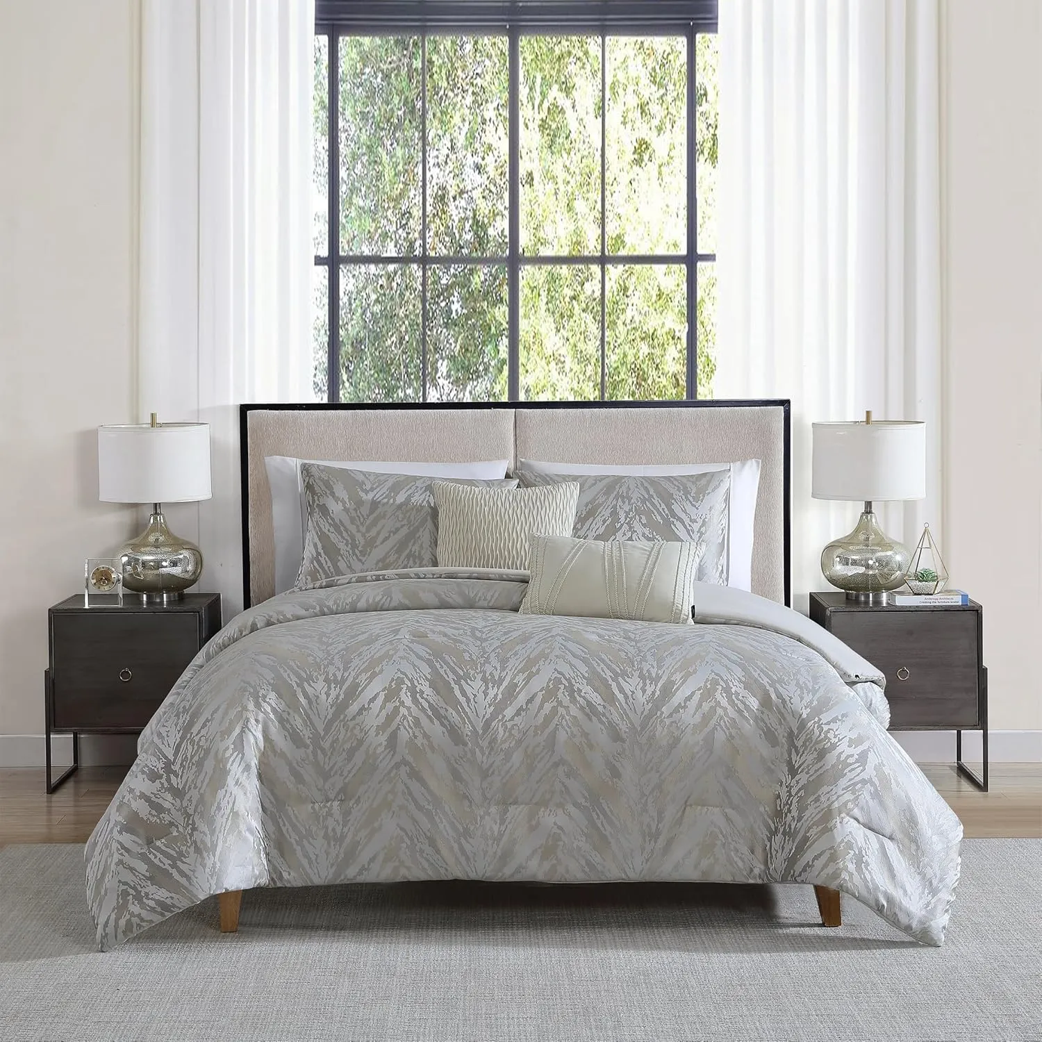 TAHARI Home - Comforter Set, Jacquard 5-Piece Bedding with Matching Shams & Decorative Pillows, Ideal for All Seasons (Halston Taupe, Queen)