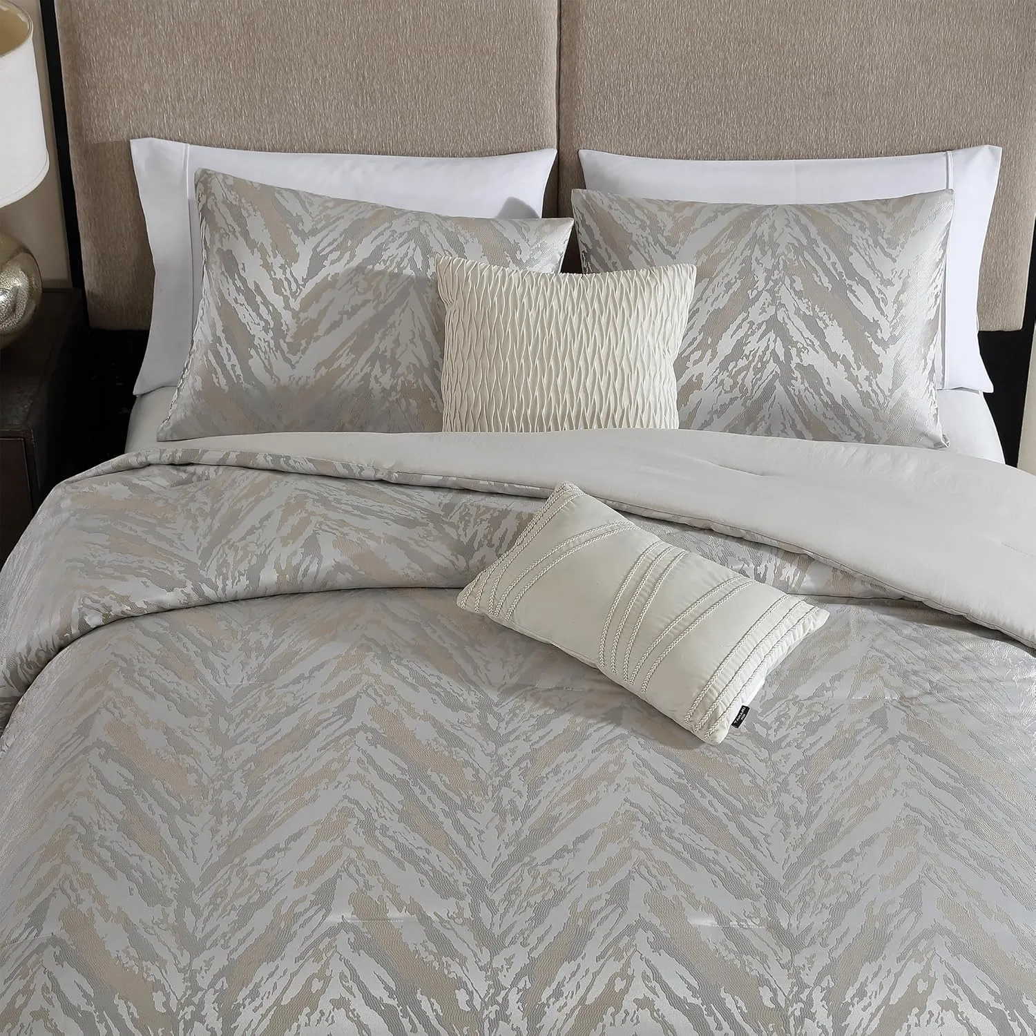TAHARI Home - Comforter Set, Jacquard 5-Piece Bedding with Matching Shams & Decorative Pillows, Ideal for All Seasons (Halston Taupe, Queen)