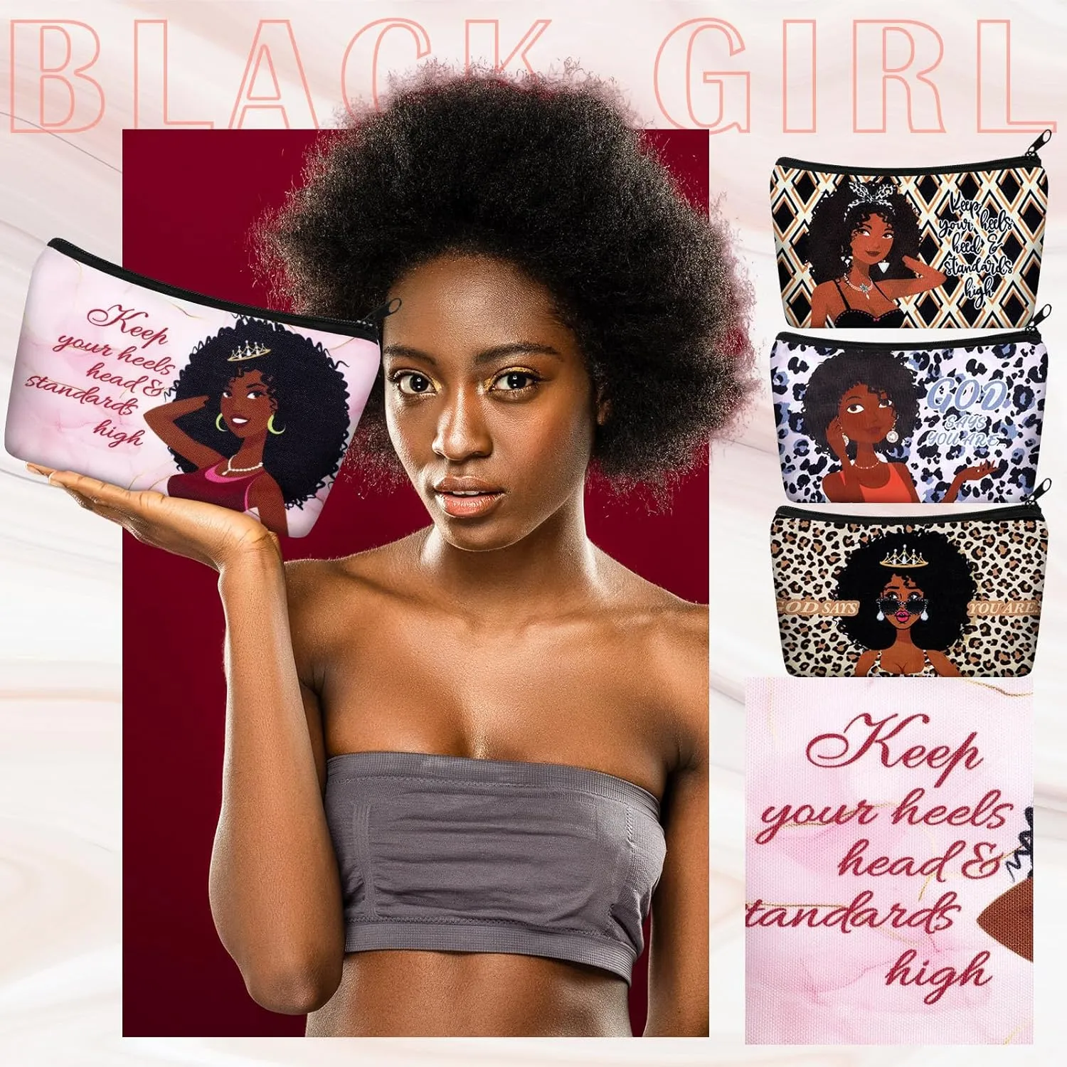 Talltalk 24 Pcs Black African Women Makeup Bag Toiletry Canvas Makeup Bags Zipper Cosmetic Pouch Reusable Multi Purpose Organizer for CNA Week Inspirational Gifts