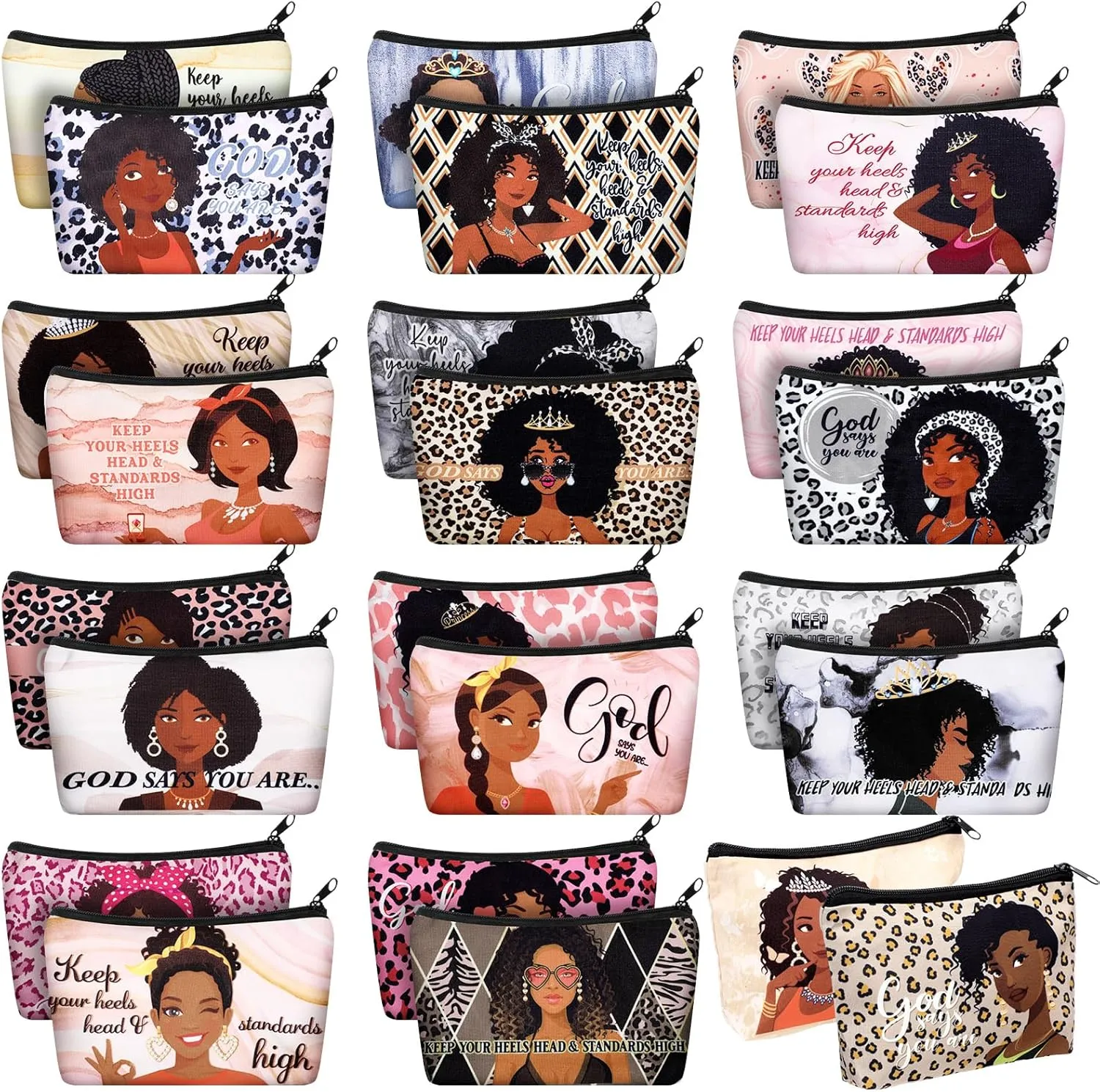 Talltalk 24 Pcs Black African Women Makeup Bag Toiletry Canvas Makeup Bags Zipper Cosmetic Pouch Reusable Multi Purpose Organizer for CNA Week Inspirational Gifts