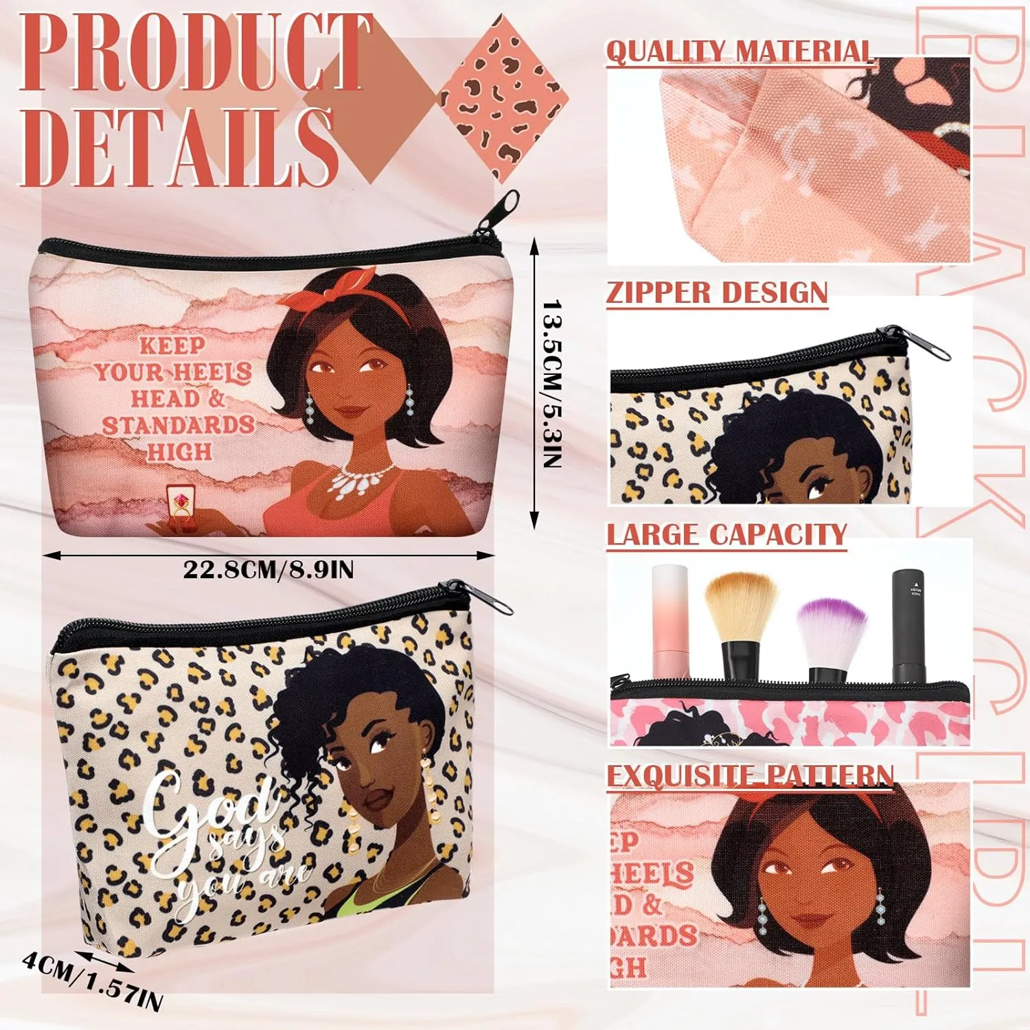 Talltalk 24 Pcs Black African Women Makeup Bag Toiletry Canvas Makeup Bags Zipper Cosmetic Pouch Reusable Multi Purpose Organizer for CNA Week Inspirational Gifts