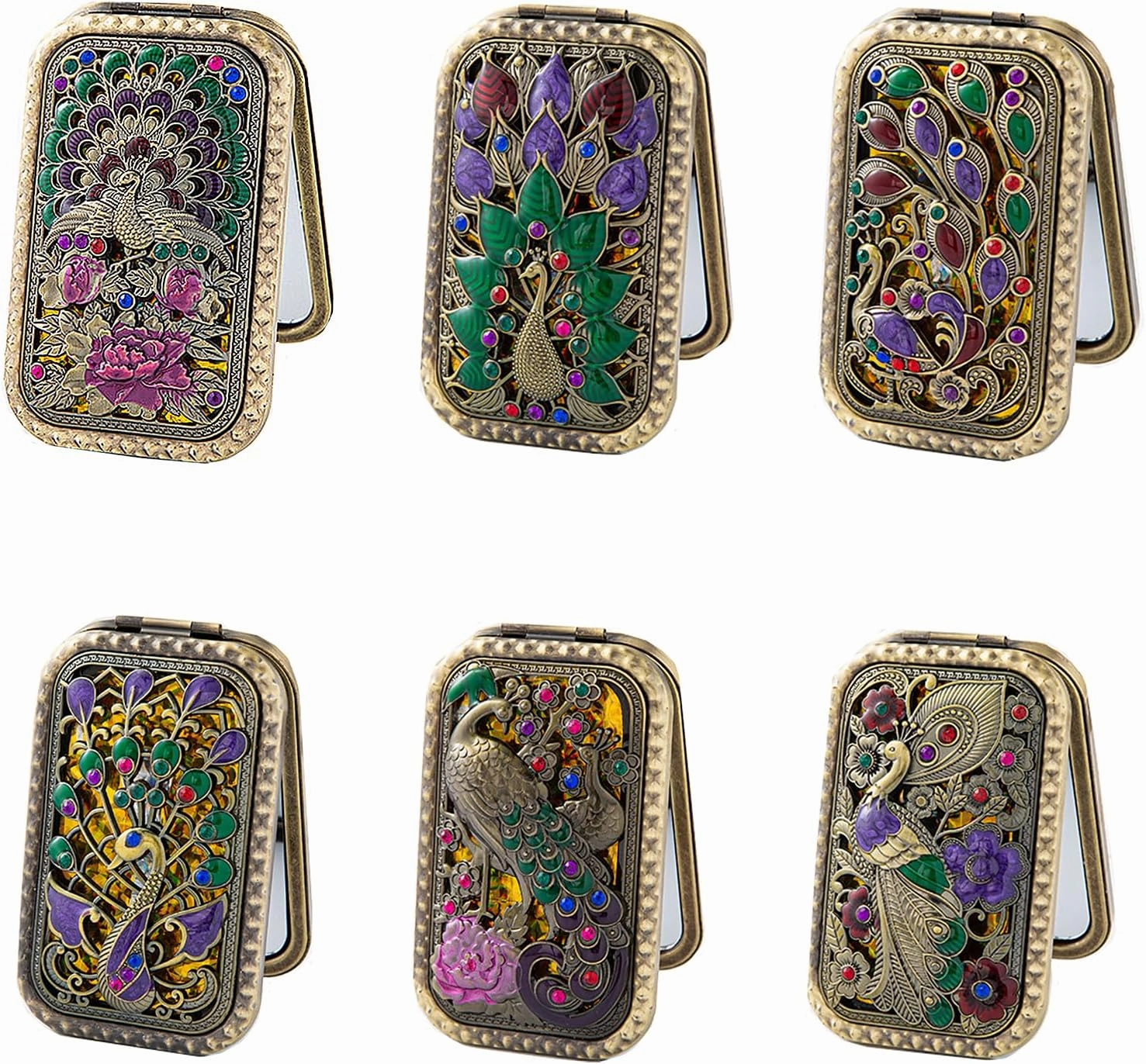 TANG SONG 6Pcs Vintage Peacock Pattern Cosmetic Makeup Pocket Purse Magnification Jewel Mirror (6 Different Patterns)