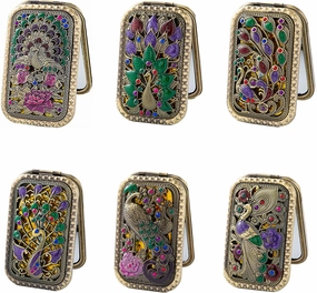 TANG SONG 6Pcs Vintage Peacock Pattern Cosmetic Makeup Pocket Purse Magnification Jewel Mirror (6 Different Patterns)