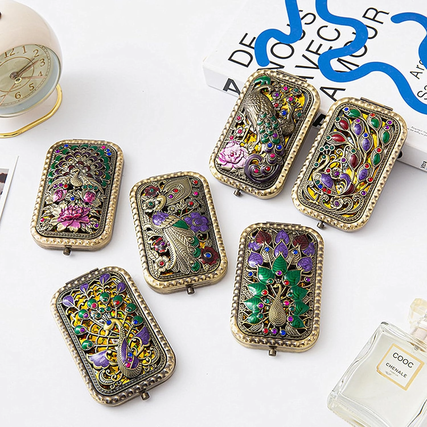 TANG SONG 6Pcs Vintage Peacock Pattern Cosmetic Makeup Pocket Purse Magnification Jewel Mirror (6 Different Patterns)