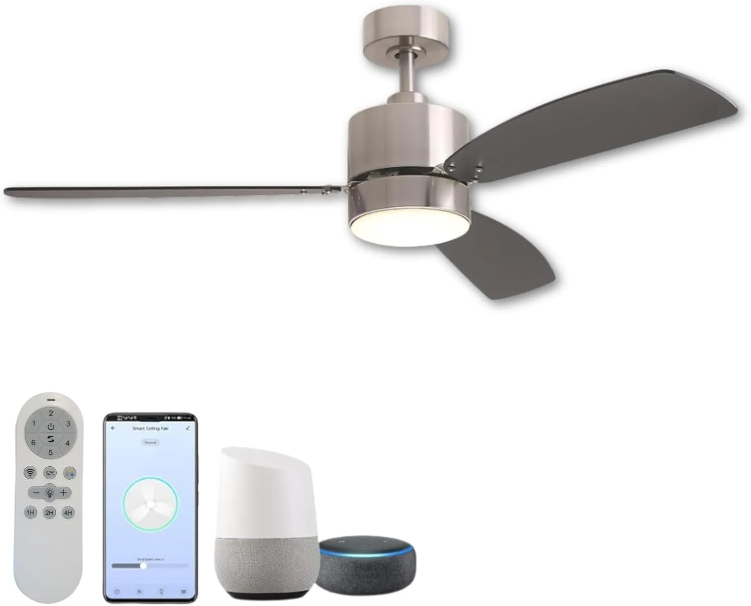 Tanner Smart Ceiling Fans with Lights in Brushed Nickel, Alexa Compatible, Modern Ceiling Fans with Remote, 3 Bladed Ceiling Fan with Light for Homeowners, Sleek Design for Modern Interiors