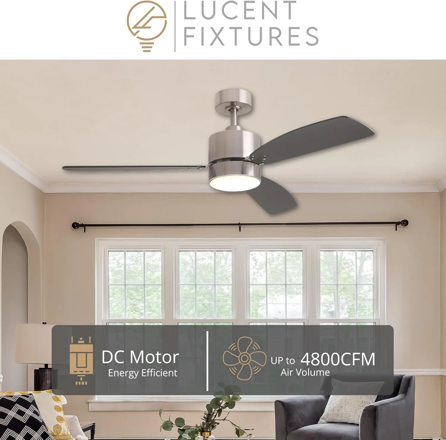 Tanner Smart Ceiling Fans with Lights in Brushed Nickel, Alexa Compatible, Modern Ceiling Fans with Remote, 3 Bladed Ceiling Fan with Light for Homeowners, Sleek Design for Modern Interiors