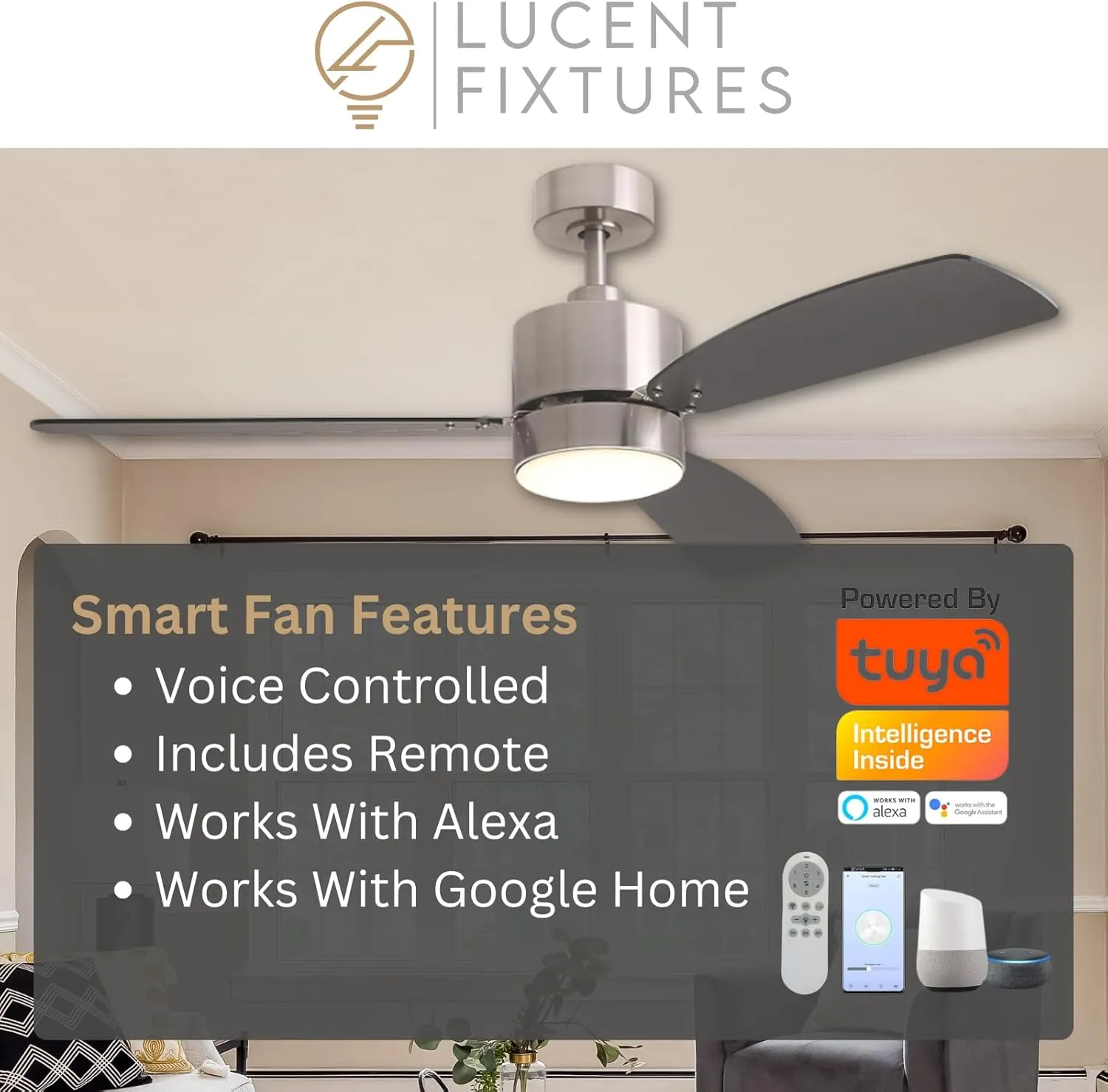 Tanner Smart Ceiling Fans with Lights in Brushed Nickel, Alexa Compatible, Modern Ceiling Fans with Remote, 3 Bladed Ceiling Fan with Light for Homeowners, Sleek Design for Modern Interiors