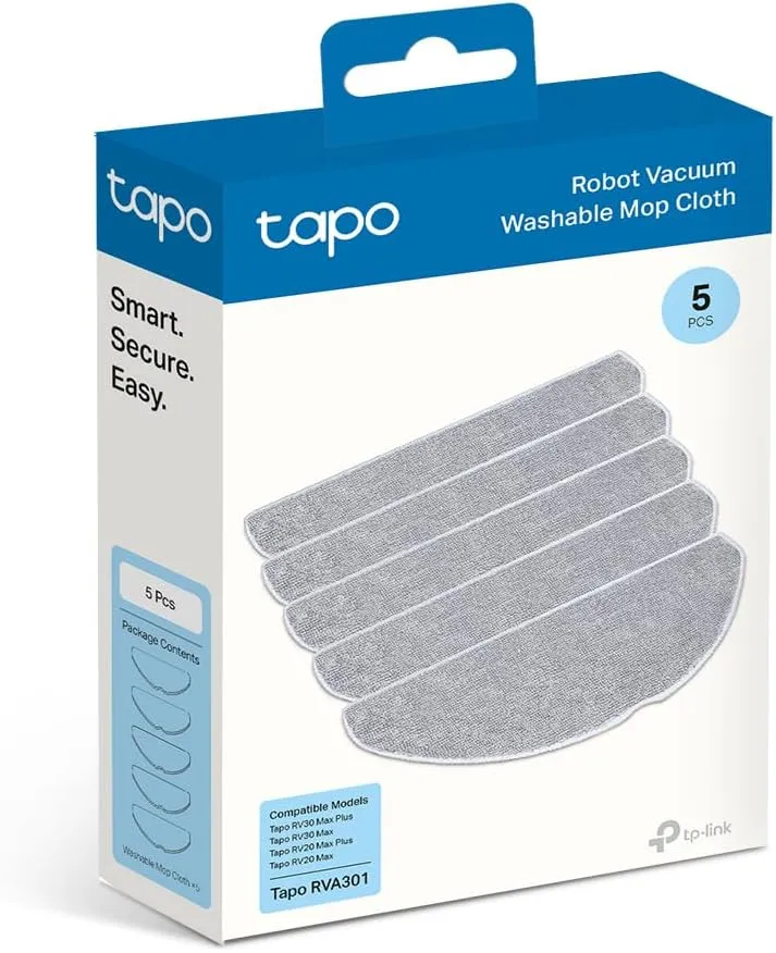 Tapo Robot Vacuum Washable Mop Cloth | Compatible RV30 Max Plus, RV30 Max, RV20 Max Plus, RV20 Max | Washable Mop Cloth ×5 | Reusable | Easy Setup RVA301
