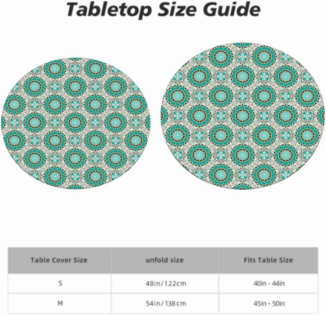 Teal Colored Round Tablecloth with Elastic Edge Geometric Mandala Zen Artwork with Elastic Edge Polyester Waterproof Spill Proof Table Cover Eastern Design Fits up 45"-50" Diameter Tables