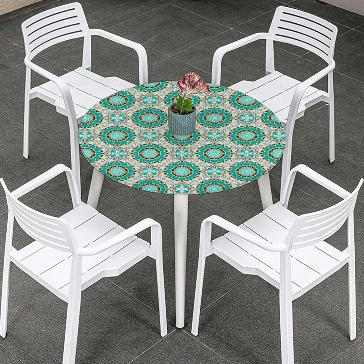 Teal Colored Round Tablecloth with Elastic Edge Geometric Mandala Zen Artwork with Elastic Edge Polyester Waterproof Spill Proof Table Cover Eastern Design Fits up 45"-50" Diameter Tables