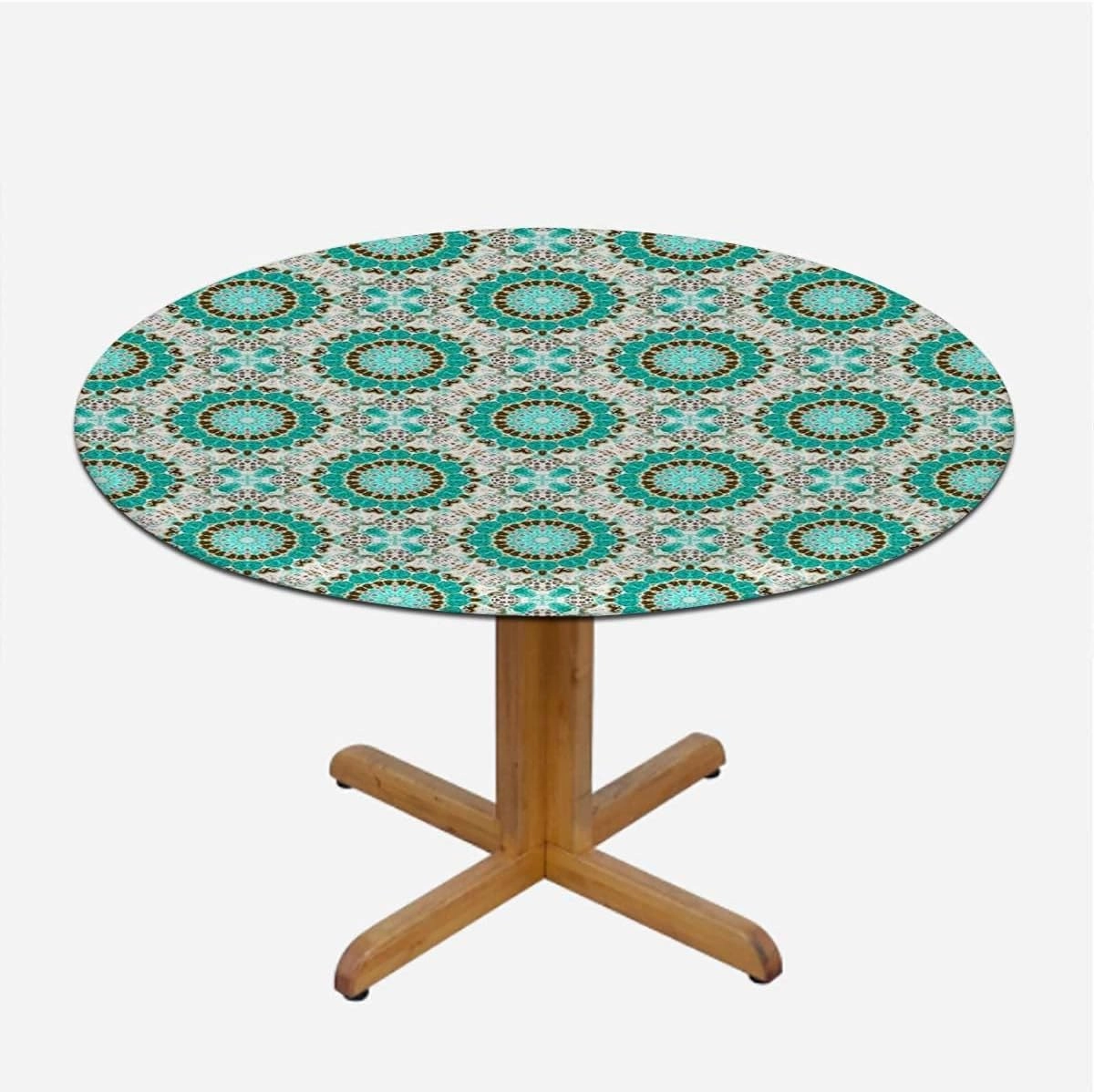 Teal Colored Round Tablecloth with Elastic Edge Geometric Mandala Zen Artwork with Elastic Edge Polyester Waterproof Spill Proof Table Cover Eastern Design Fits up 45"-50" Diameter Tables