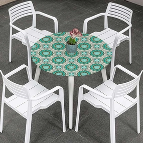 Teal Colored Round Tablecloth with Elastic Edge Geometric Mandala Zen Artwork with Elastic Edge Polyester Waterproof Spill Proof Table Cover Eastern Design Fits up 45"-50" Diameter Tables