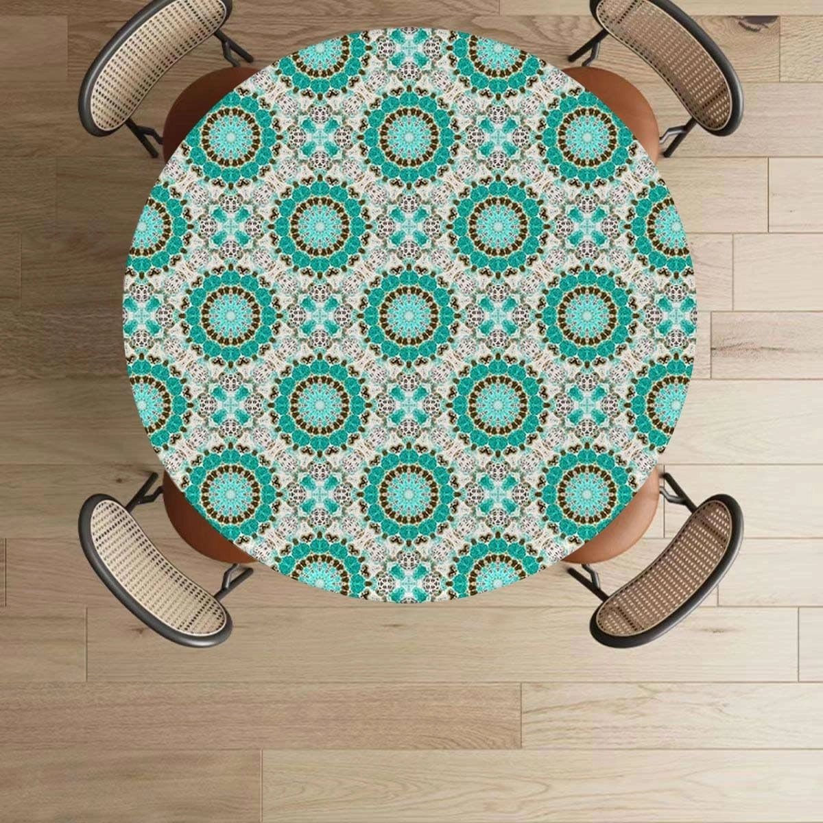 Teal Colored Round Tablecloth with Elastic Edge Geometric Mandala Zen Artwork with Elastic Edge Polyester Waterproof Spill Proof Table Cover Eastern Design Fits up 45"-50" Diameter Tables