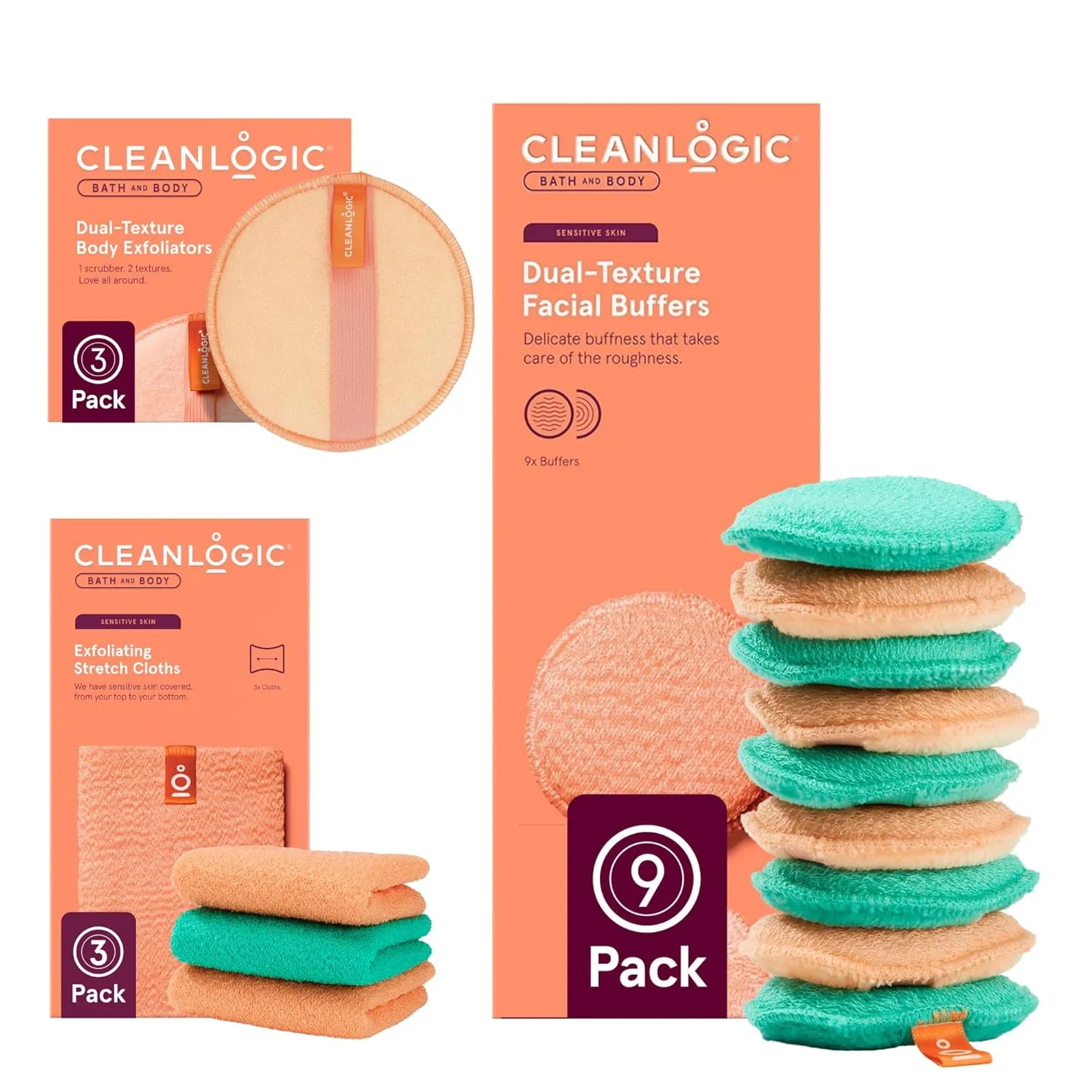 Teen Skincare Bundle – Cleanlogic Dual-Texture Facial Pads, Stretch Washcloths & Body Scrubbers for Daily Cleansing, Makeup Removal & Gentle Exfoliation