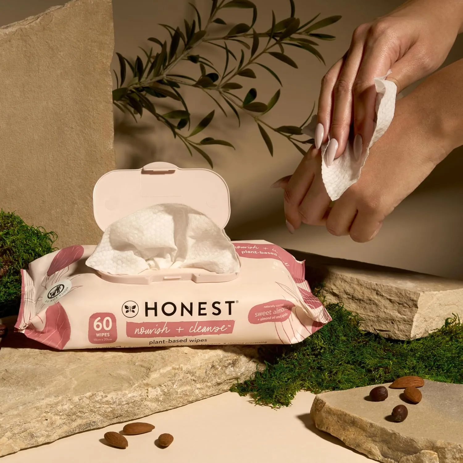 The Honest Company Nourish   Cleanse Naturally Scented Wipes | Cleansing Multi-Tasking Wipes | 99% Water, Plant Based, Hypoallergenic | Sweet Almond, 240 Count