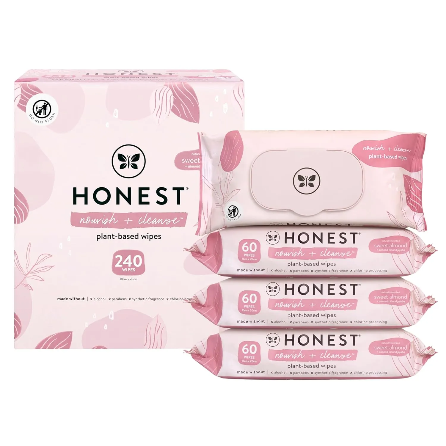 The Honest Company Nourish   Cleanse Naturally Scented Wipes | Cleansing Multi-Tasking Wipes | 99% Water, Plant Based, Hypoallergenic | Sweet Almond, 240 Count