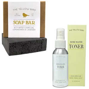 The Yellow Bird Activated Charcoal Soap Bar and Rose Water Facial Toner
