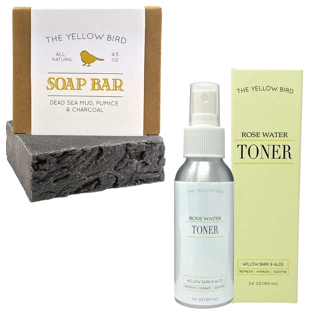 The Yellow Bird Dead Sea Mud Exfoliating Charcoal Soap & Rose Water Toner