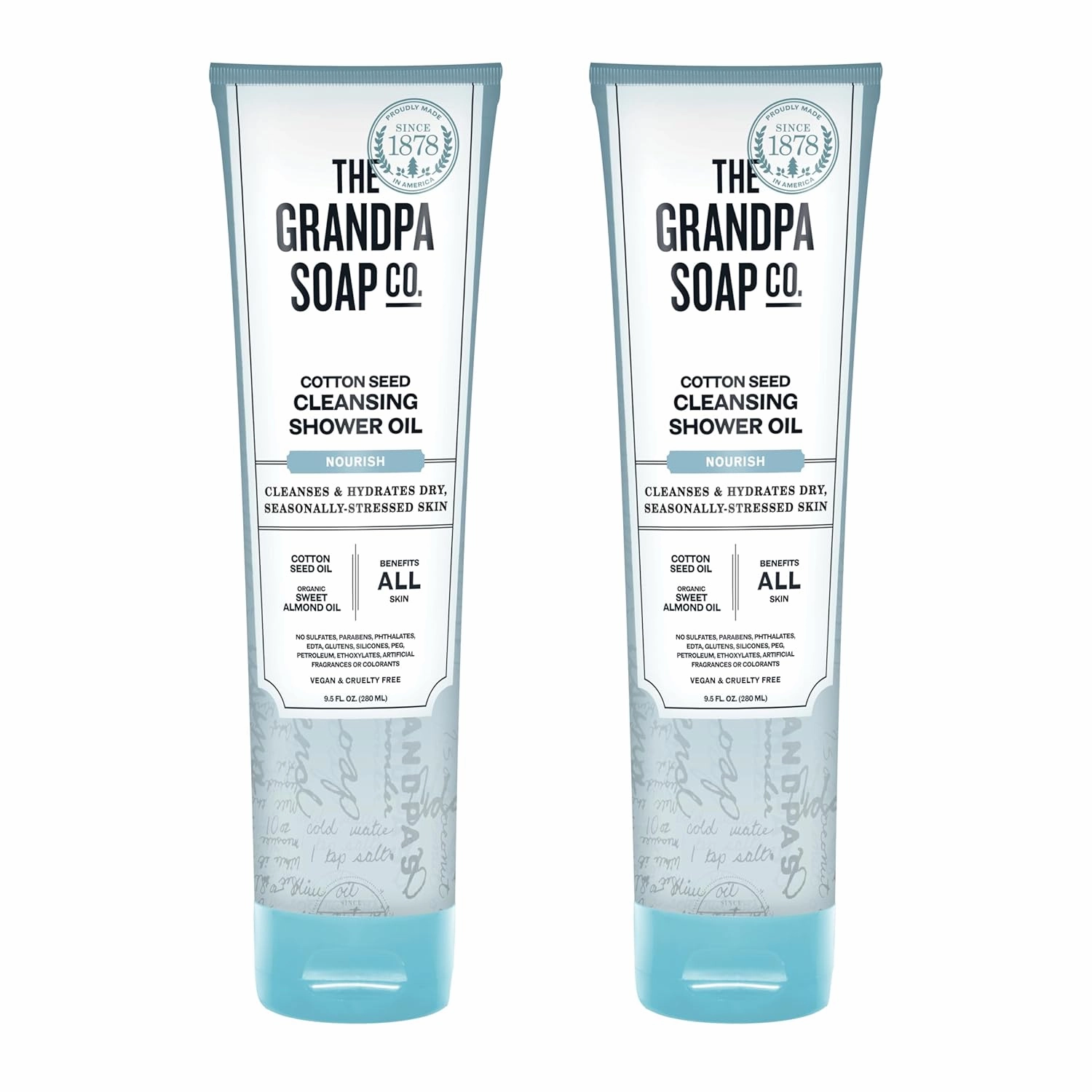 The Grandpa Soap Company Cotton Seed Cleansing Shower Oil - Hydrates Dry Seasonally-Stressed Skin, Nourishing and Moisturizing, With Cotton Seed Oil and Sweet Almond Oil, 9.5 Fl Oz., 2 Pack