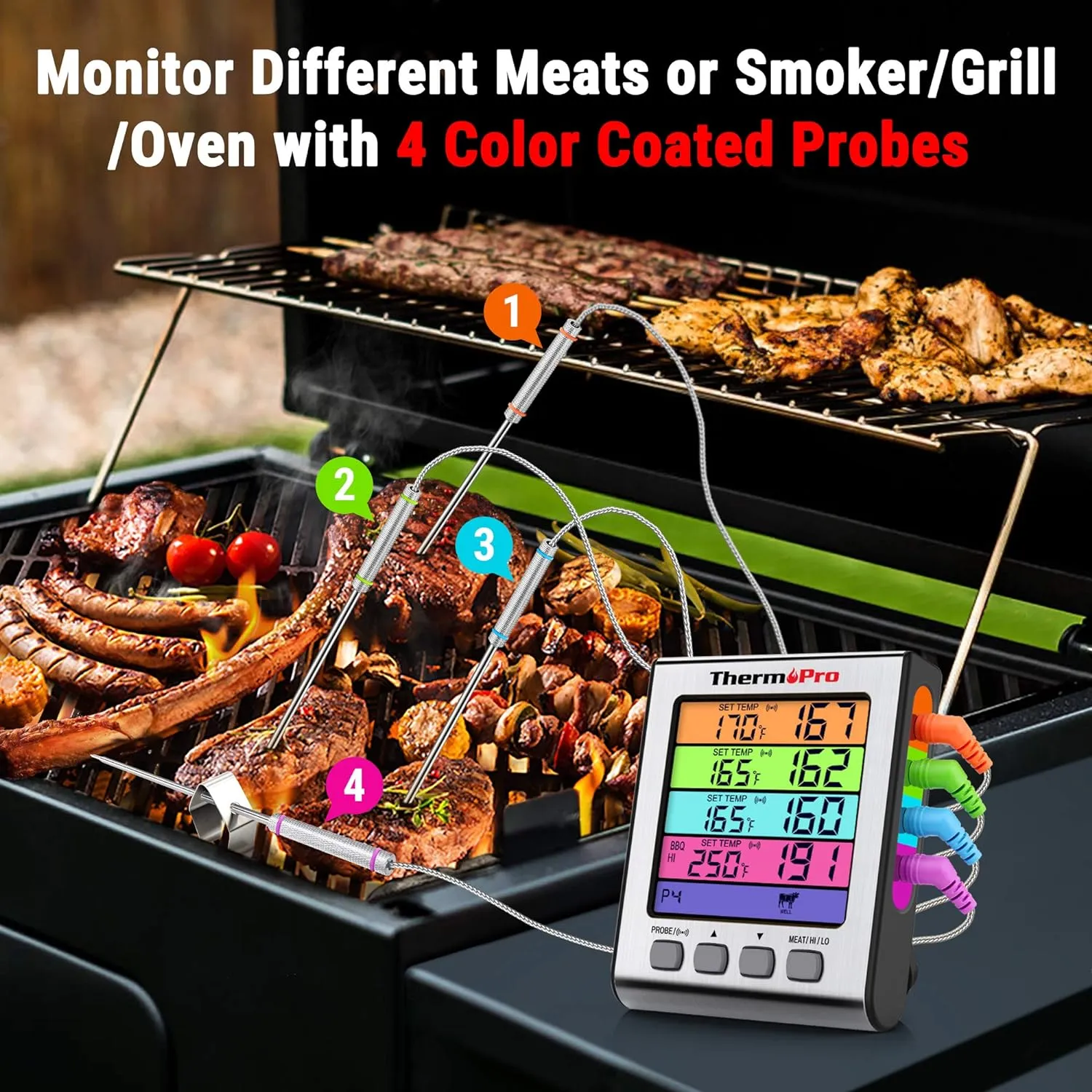 ThermoPro TP17H Digital Meat Thermometer with 4 Temperature Probes, HI/LOW Alarm Smoker Food Thermometer with Colored Backlit LCD, BBQ Thermometer for Cooking Grilling Kitchen Oven Barbecue Turkey