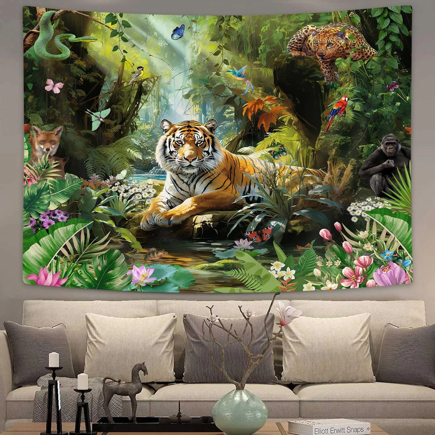Tiger Tapestry, Jungle Tapestry Wall Hanging, Forest Animal in Tropical Rainforest Landscape Wall Tapestry Art for Room Dorm Decor Living Room Bedroom Bedspread TV Backdrop College (80Wx60L)