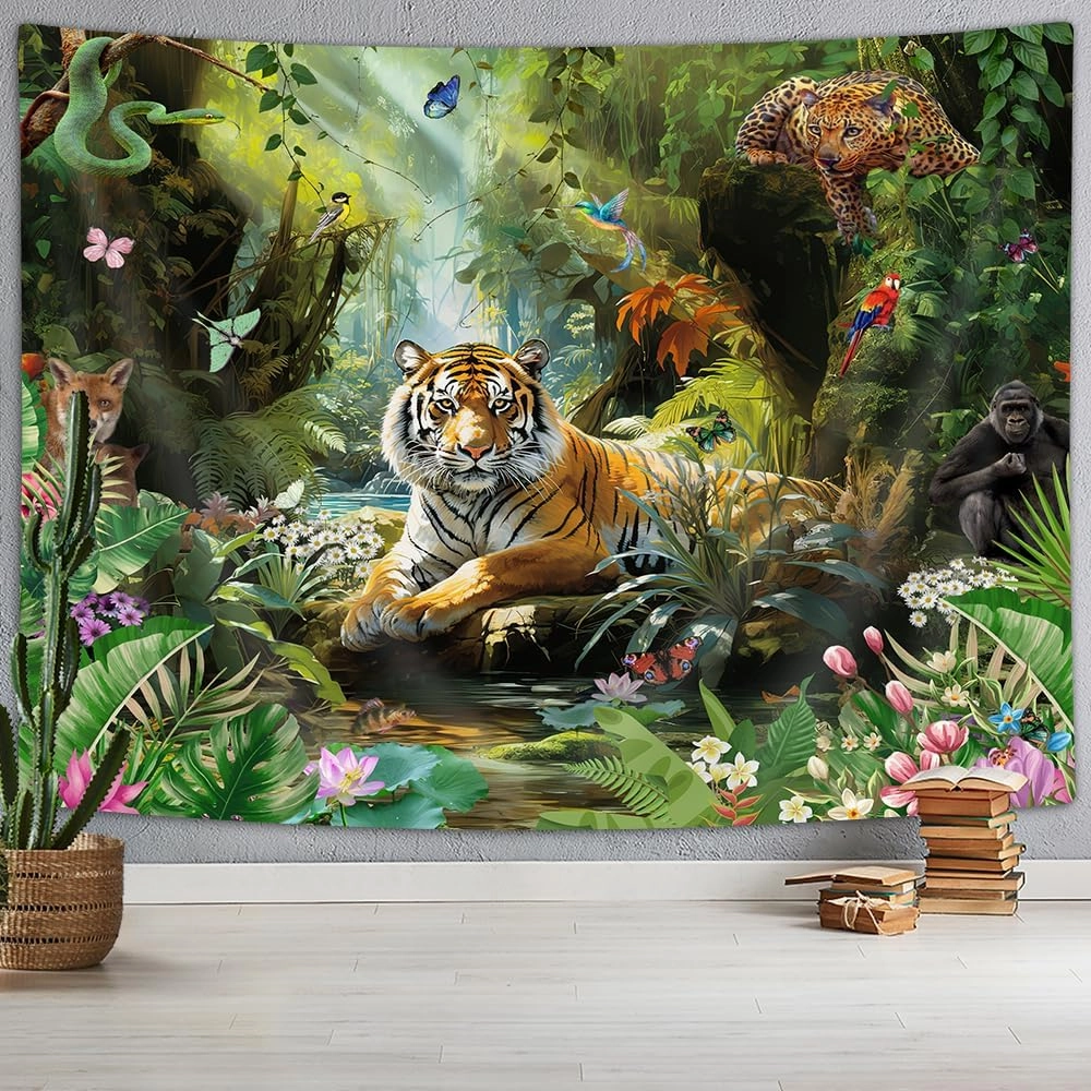 Tiger Tapestry, Jungle Tapestry Wall Hanging, Forest Animal in Tropical Rainforest Landscape Wall Tapestry Art for Room Dorm Decor Living Room Bedroom Bedspread TV Backdrop College (80Wx60L)