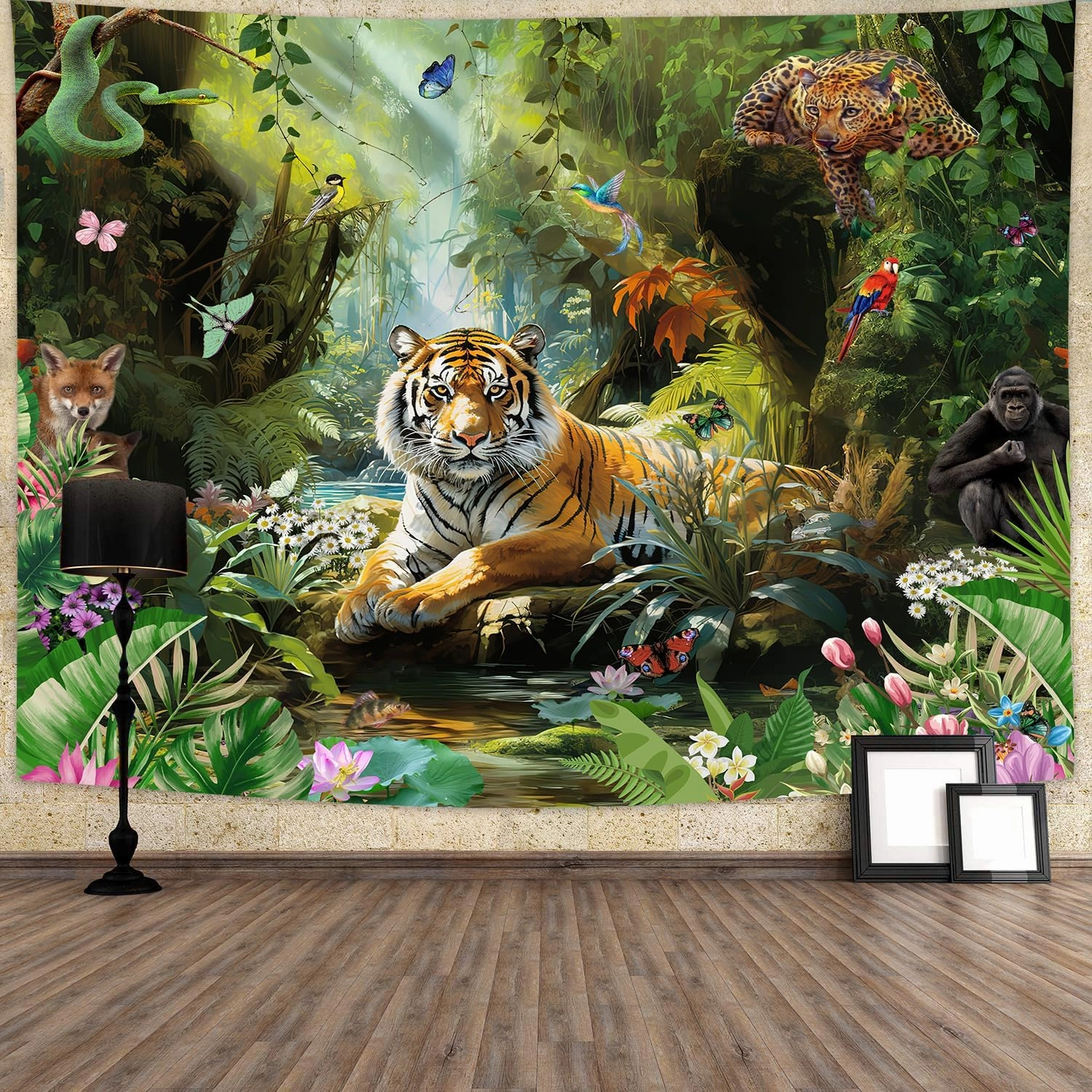 Tiger Tapestry, Jungle Tapestry Wall Hanging, Forest Animal in Tropical Rainforest Landscape Wall Tapestry Art for Room Dorm Decor Living Room Bedroom Bedspread TV Backdrop College (80Wx60L)