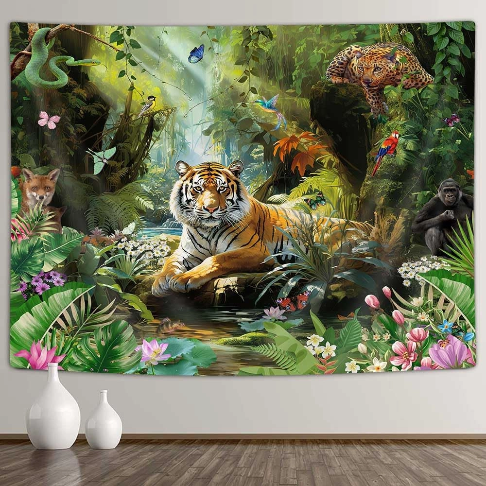 Tiger Tapestry, Jungle Tapestry Wall Hanging, Forest Animal in Tropical Rainforest Landscape Wall Tapestry Art for Room Dorm Decor Living Room Bedroom Bedspread TV Backdrop College (80Wx60L)