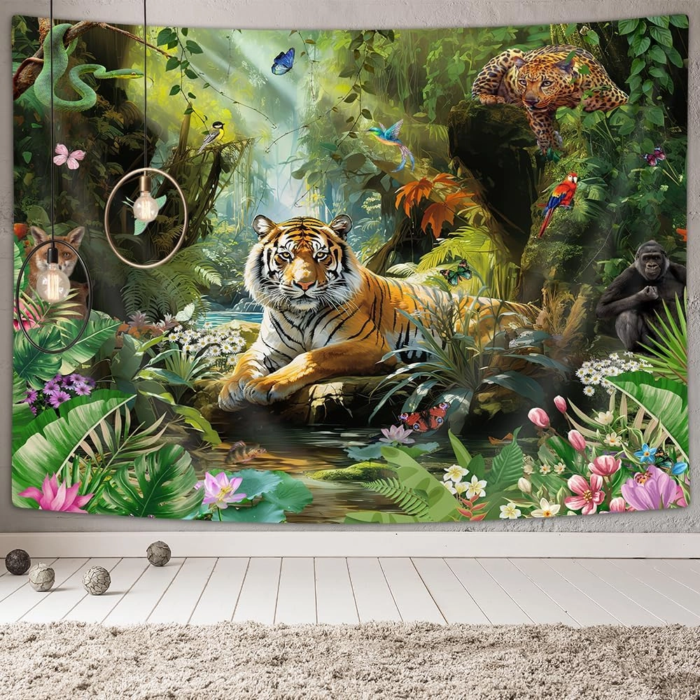 Tiger Tapestry, Jungle Tapestry Wall Hanging, Forest Animal in Tropical Rainforest Landscape Wall Tapestry Art for Room Dorm Decor Living Room Bedroom Bedspread TV Backdrop College (80Wx60L)