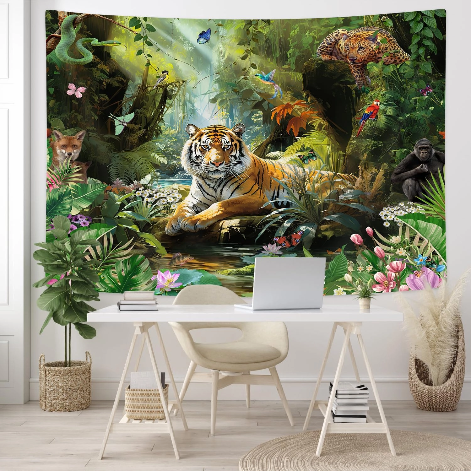 Tiger Tapestry, Jungle Tapestry Wall Hanging, Forest Animal in Tropical Rainforest Landscape Wall Tapestry Art for Room Dorm Decor Living Room Bedroom Bedspread TV Backdrop College (80Wx60L)
