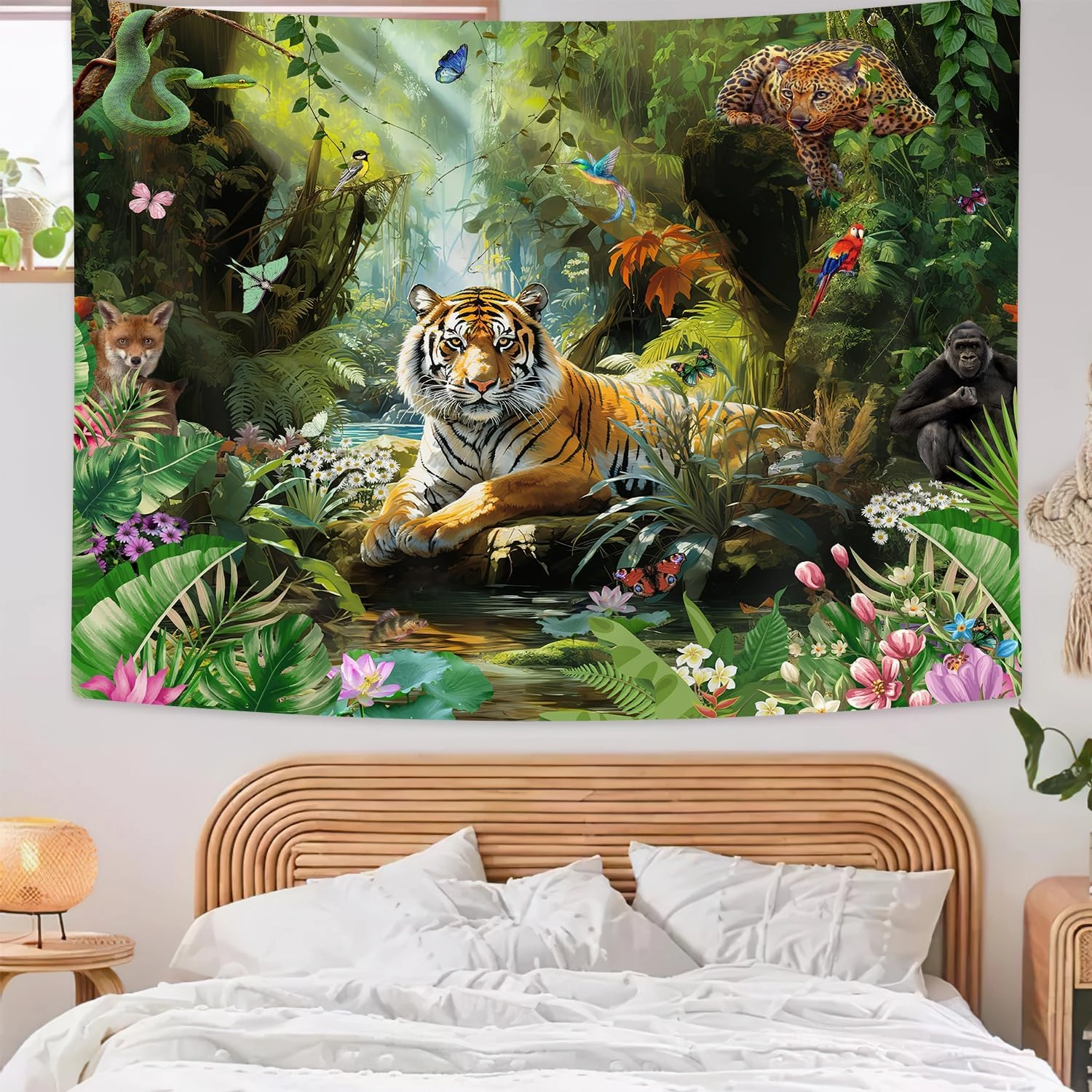 Tiger Tapestry, Jungle Tapestry Wall Hanging, Forest Animal in Tropical Rainforest Landscape Wall Tapestry Art for Room Dorm Decor Living Room Bedroom Bedspread TV Backdrop College (80Wx60L)