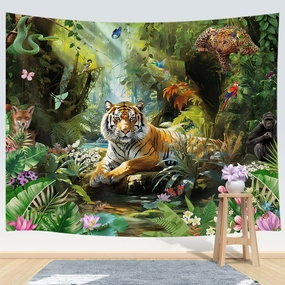 Tiger Tapestry, Jungle Tapestry Wall Hanging, Forest Animal in Tropical Rainforest Landscape Wall Tapestry Art for Room Dorm Decor Living Room Bedroom Bedspread TV Backdrop College (80Wx60L)
