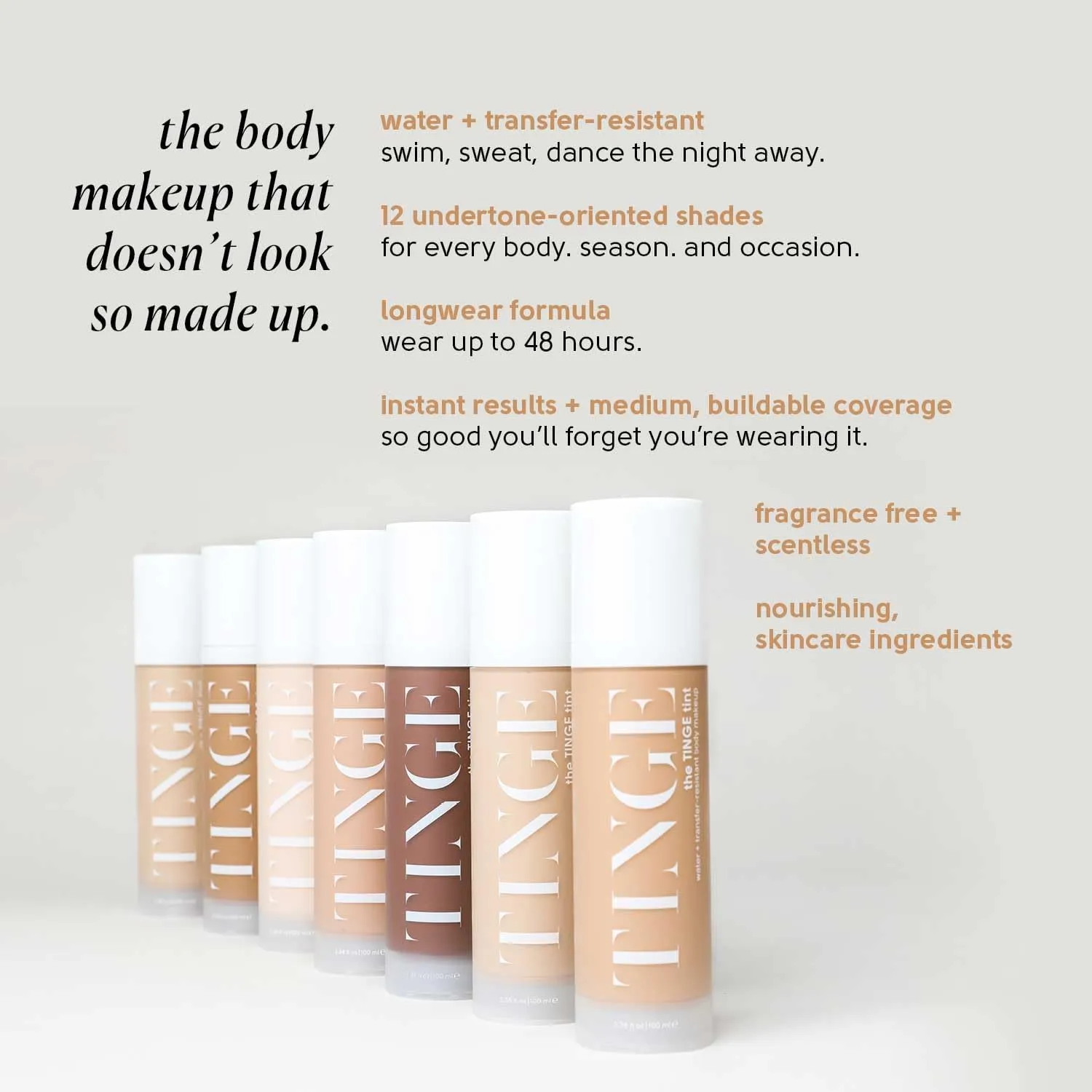 Tinge Tint Body Makeup, Up to 48 Hours, Medium Coverage Cream With Amino Acids, Hyaluronic Acid & Lysine, Semi Matte Finish, Water & Transfer Resistant, Fragrance Free, 3.38 Fl Oz Tube - Medium Warm