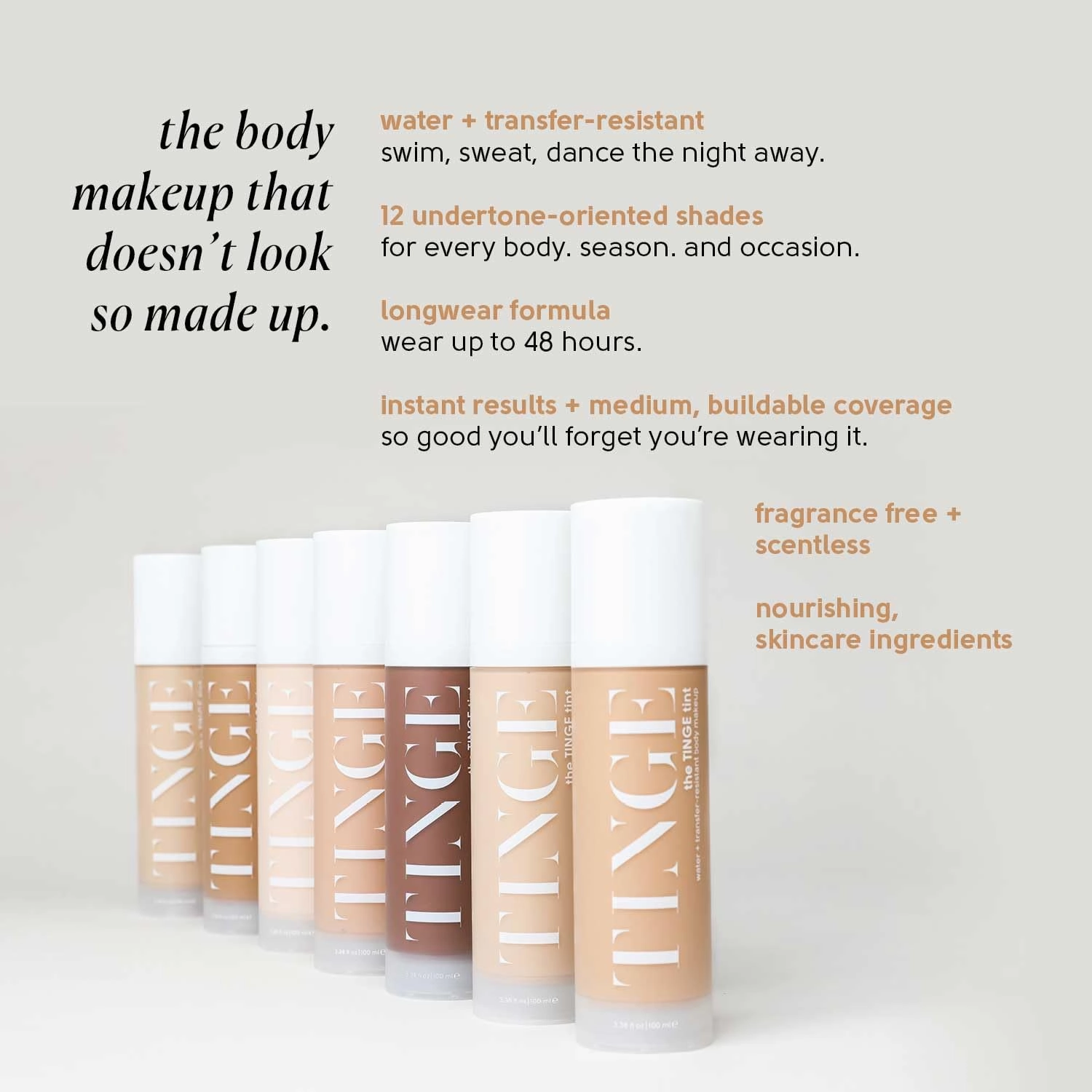 Tinge Tint Body Makeup, Lasts Up to 48 Hours, Medium Coverage Cream With Amino Acids, Hyaluronic Acid & Lysine, Semi Matte Finish, Water & Transfer Resistant, Fragrance Free, 3.38 Fl Oz - Fair Warm