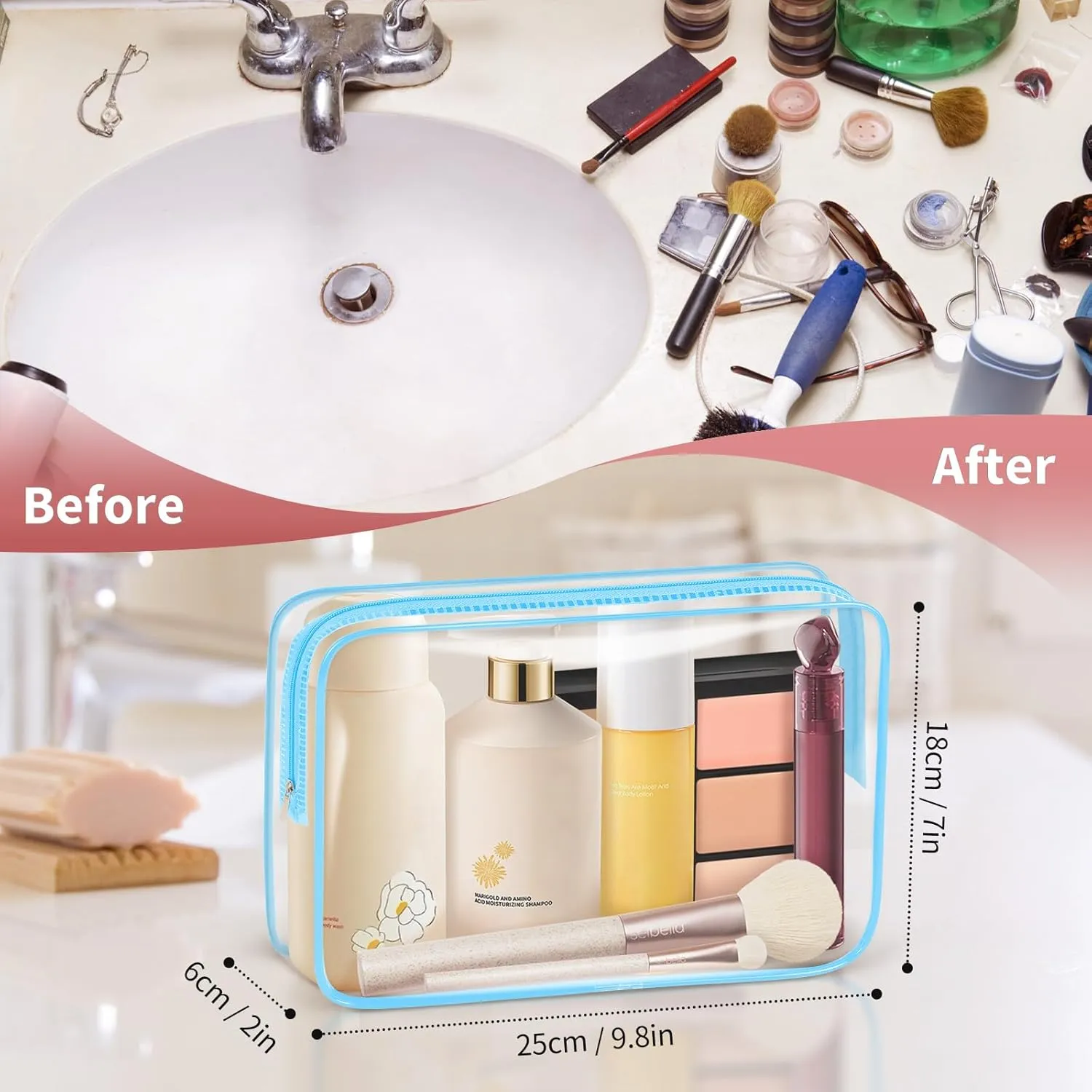 TISRATOK 12 PCS Clear Makeup Bag for Women with Zipper, TSA Approved Toiletry Pouch, Cosmetic Bag Bulk for Travel Organizer Essentials - Blue,Large