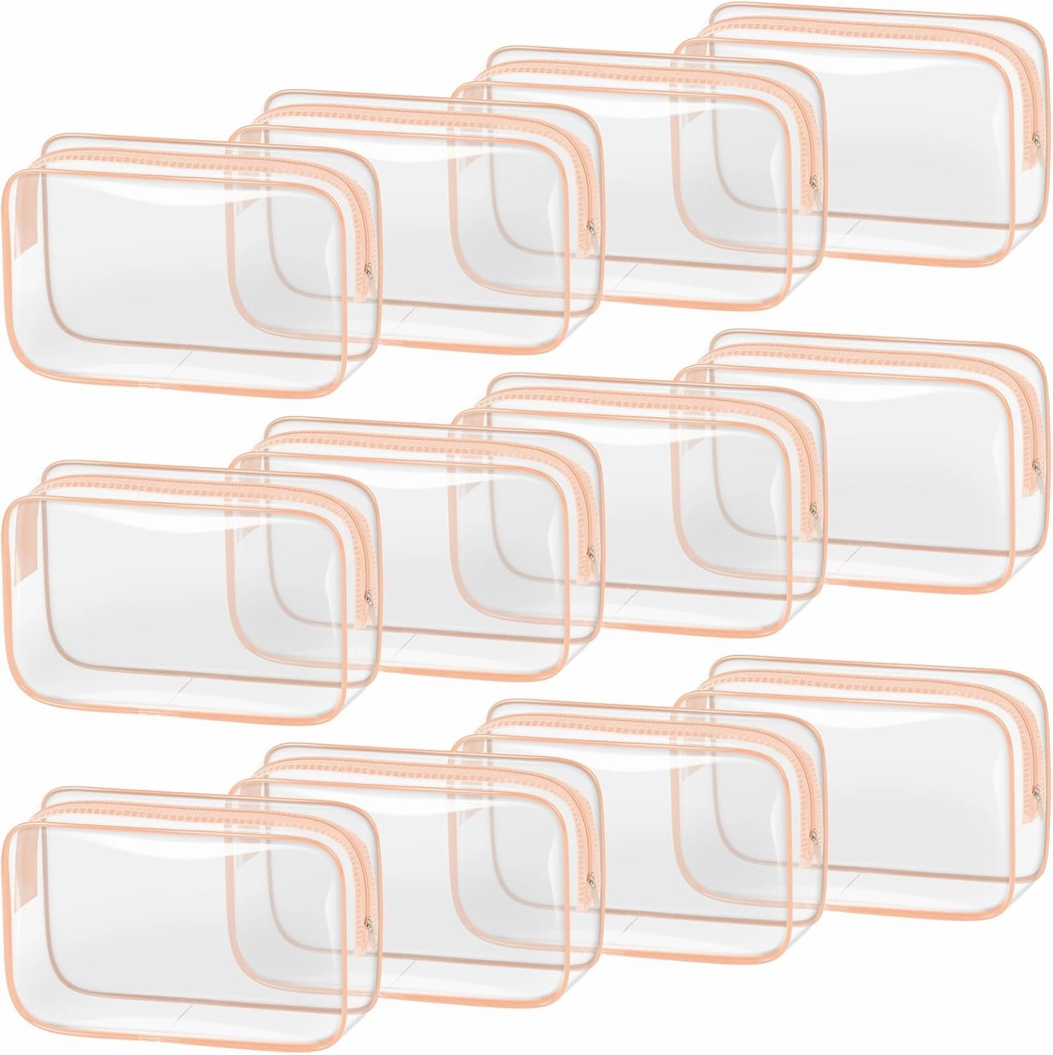 TISRATOK 12 PCS Clear Makeup Bag for Women with Zipper, TSA Approved Toiletry Pouch, Cosmetic Bag Bulk for Travel Organizer Essentials - Orange-pink, Medium