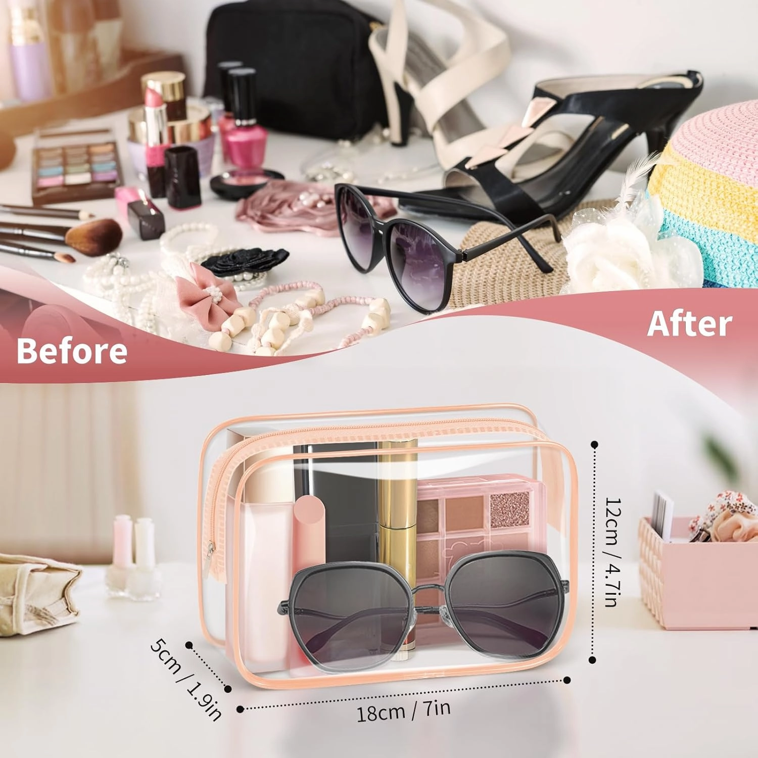 TISRATOK 12 PCS Clear Makeup Bag for Women with Zipper, TSA Approved Toiletry Pouch, Cosmetic Bag Bulk for Travel Organizer Essentials - Orange-pink, Medium