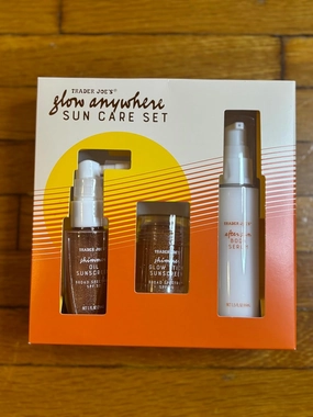 Trader Joe's Glow Anywhere Sun Care Set, Shimmer Oil SPF 30, Glow Stick SPF 30, After Sun Serum