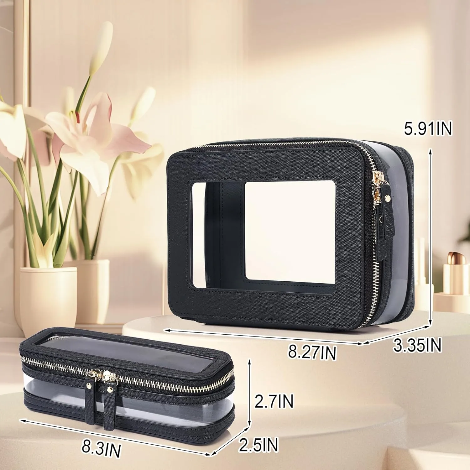 Travel Clear Makeup Bag with Brush Case TSA Approved Toiletry Bag Waterproof Cosmetic Organizer Car Essential for Women (Black, M SLIM-1)