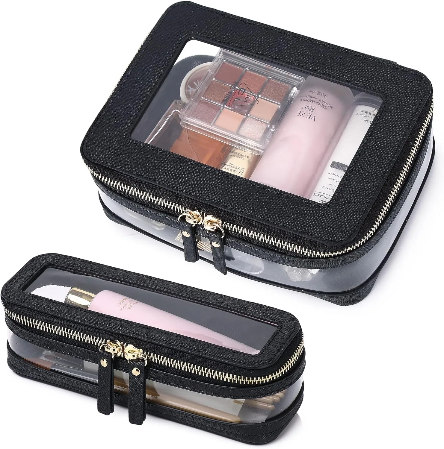 Travel Clear Makeup Bag with Brush Case TSA Approved Toiletry Bag Waterproof Cosmetic Organizer Car Essential for Women (Black, M SLIM-1)