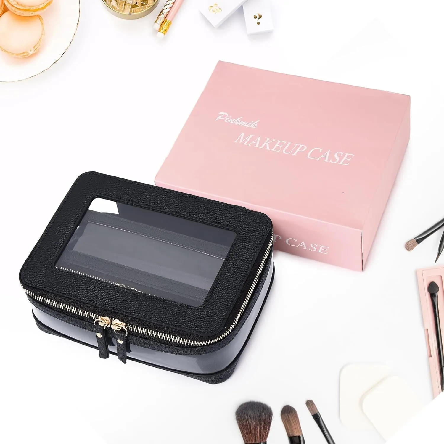 Travel Clear Makeup Bag with Brush Case TSA Approved Toiletry Bag Waterproof Cosmetic Organizer Car Essential for Women (Black, M SLIM-1)